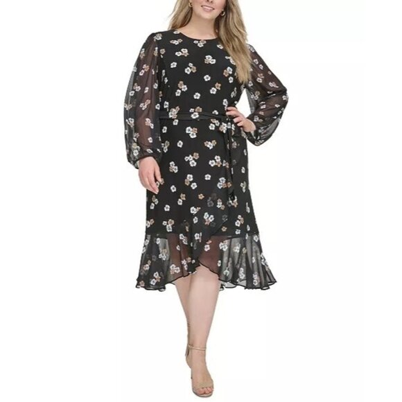 129$ Tommy Hilfiger Chiffon-Sleeve Ruffle-Hem Midi Dress Plus Size 20W Black Tan - Picture 1 of 4